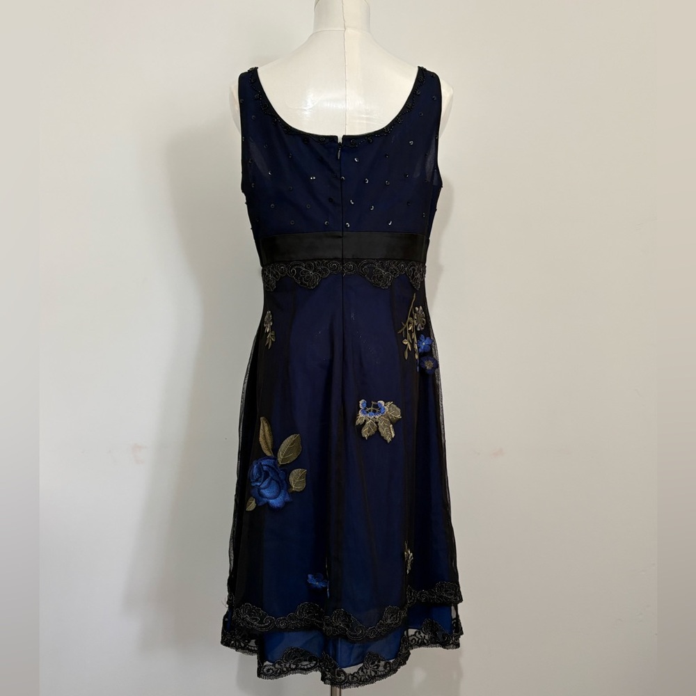 ADRIANNA PAPELL Black Mesh Embroidered Dress, Peek-a-boo Royal Blue Lining Sz 10